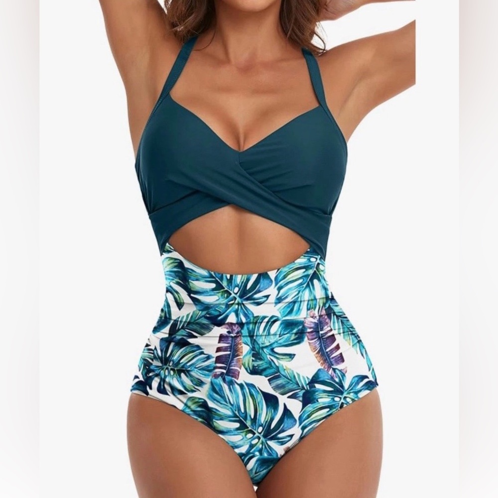 Women EoMENIE Sexy Criss Cross Halter One Piece Swimsuit